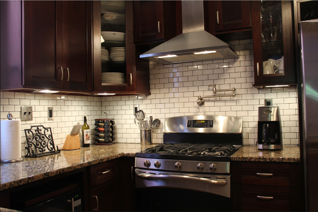 Subway Tile Backsplash Dark Cabinets