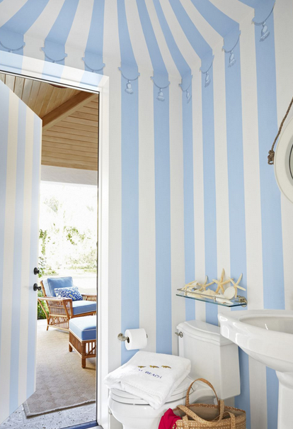 Stripped Blue and White Powder Room